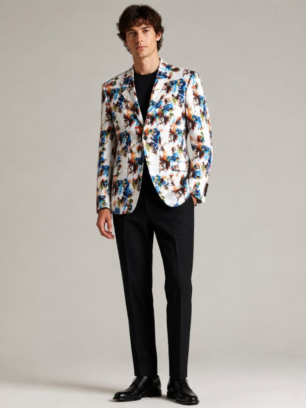 French Crown Mens 46 White Abstract Print Blazer Designer Sport Coat Jacket